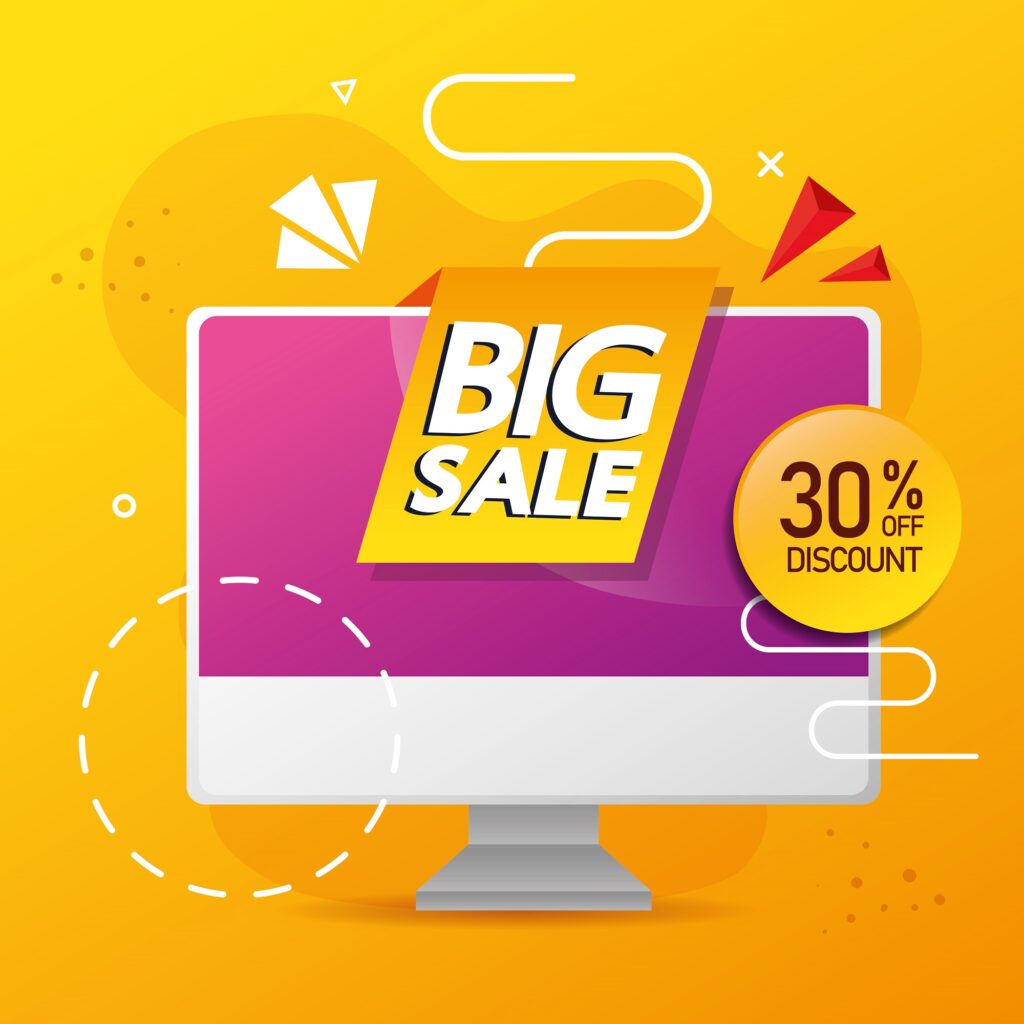 commercial label with big sale lettering in computer and thirty percent discount